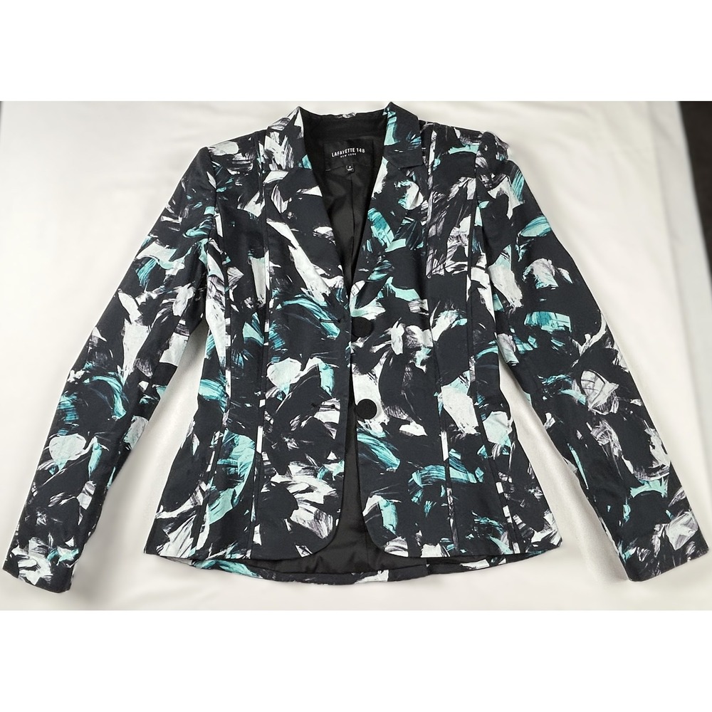 Lafayette 148 NY Blazer Women Size 2 Black Turquoise Abstract‎ Wool Silk Linen